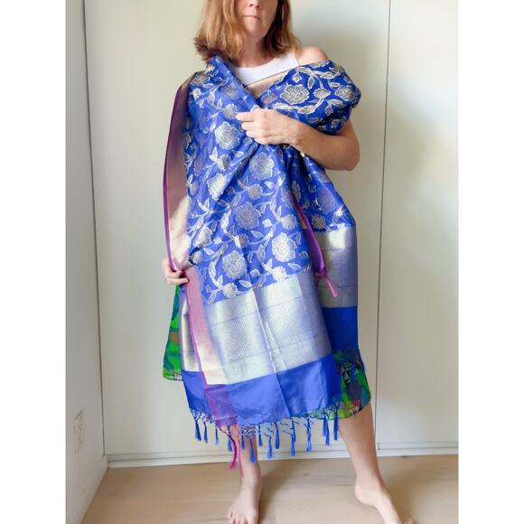 Duppotta Silk Scarf Blue /Purple tassel Trim Ethnic Accessories Wraps Formals - Picture 1 of 10